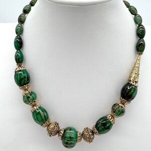 Vintage Green Marbled Bead Necklace Gold Tone Caps Statement Faux Malachite